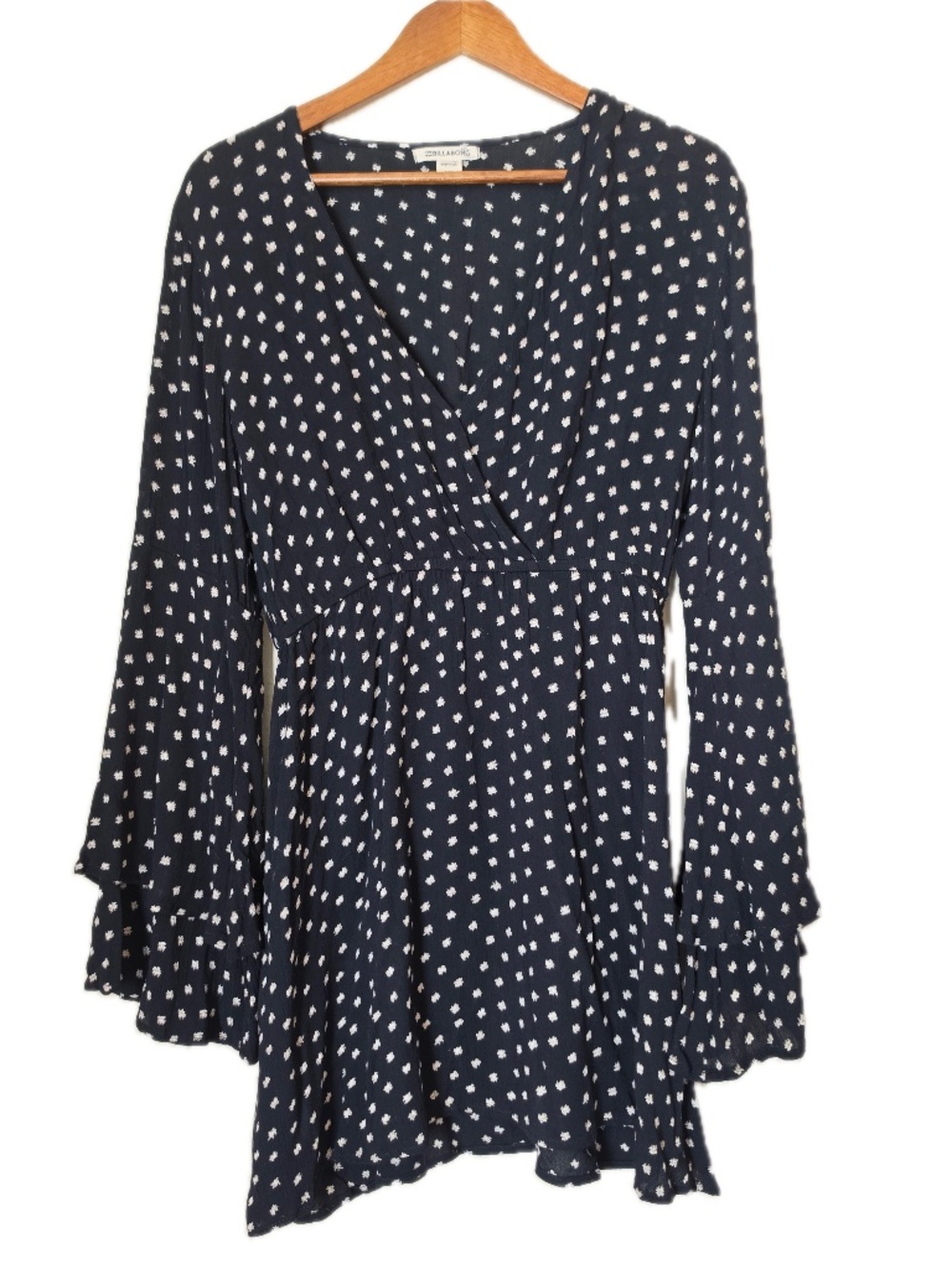 Billabong Dress Womens L Black Floral V-Neck Long Sleeve Ruffle Lightweight
